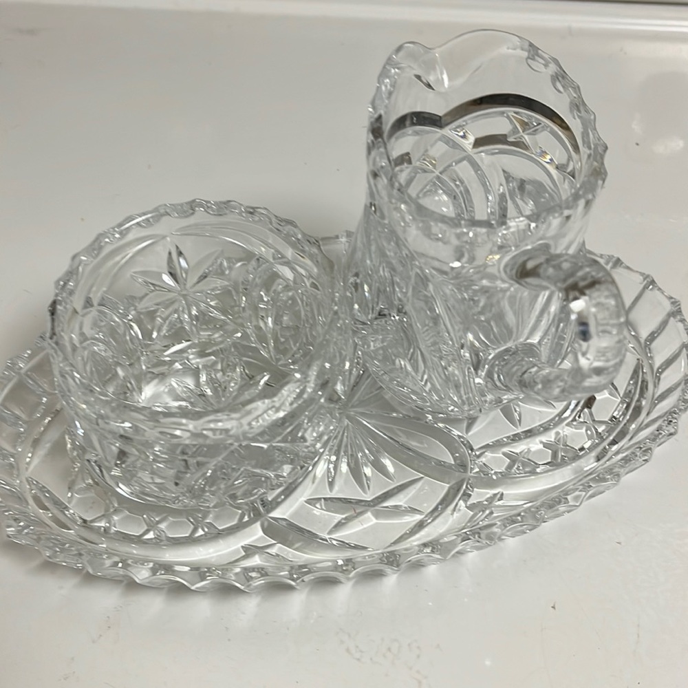 Vintage crystal sugar and creamer set with tray